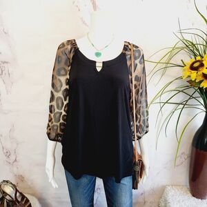 Leopard Print Sleeve Black Top